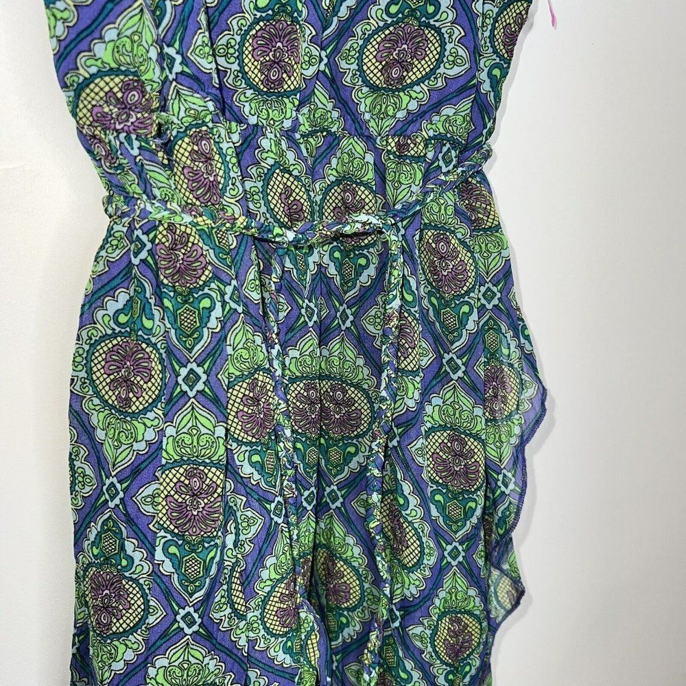 D-SIGNED GREEN PURPLE  BOHO SLEEVELESS YOUTH GIRL DRESS W/ TIE BELT Large - Picture 2 of 4